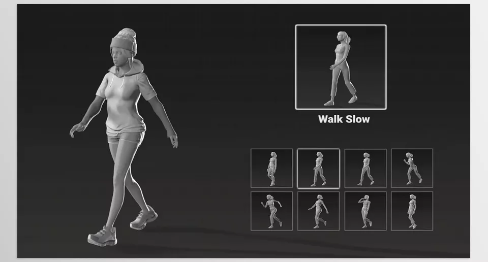 ActorCore Spunky Moves - Effortlessly blend your characters from idle to walking, jogging, and sitting.