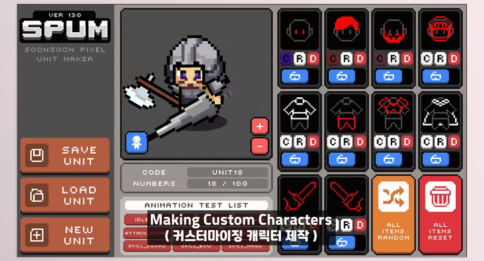 2D Pixel Unit Maker SPUM - Easily create unique pixel characters with a vast selection of customizable parts and animations