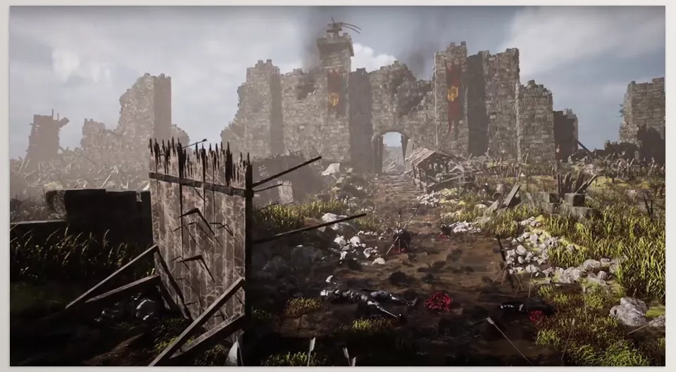 Unreal Engine - The Fallen Fortress - portrays a grim and harrowing battlefield, revealing the aftermath of a catastrophic siege that brought a once-mighty fortress to ruin.