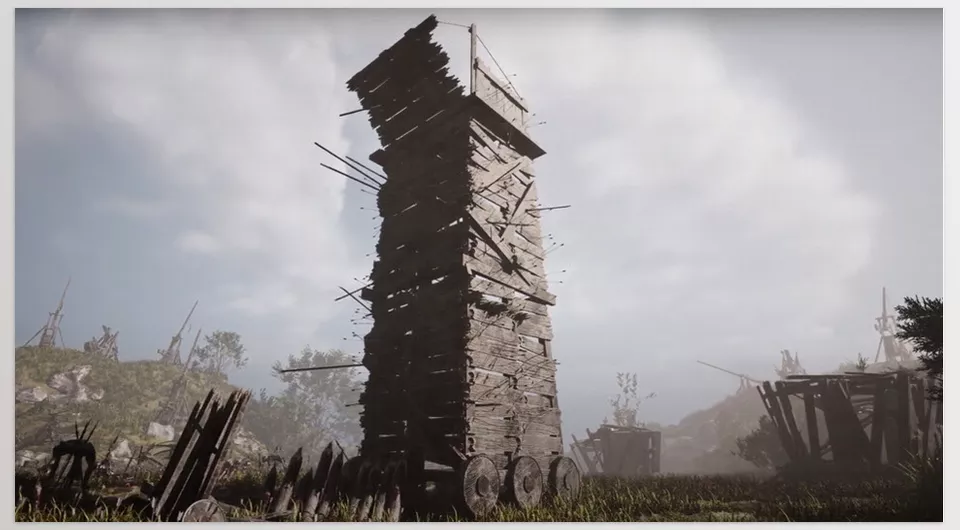 Unreal Engine - The Fallen Fortress - The battlefield is littered with bloodied puddles, fragments of shattered weapons, and the motionless bodies of fallen soldiers, painting a grim scene of devastation.